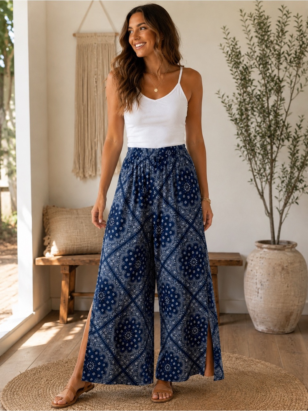 Forever 21 Navy Blue Printed Wide-Leg Split Pants